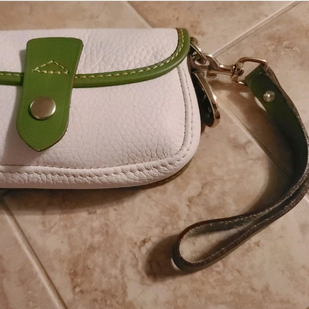 Dooney and Bourke Oncour Elba Flap Wristlet Ecru Pebble Leather with Olive Trim - Picture 2 of 10